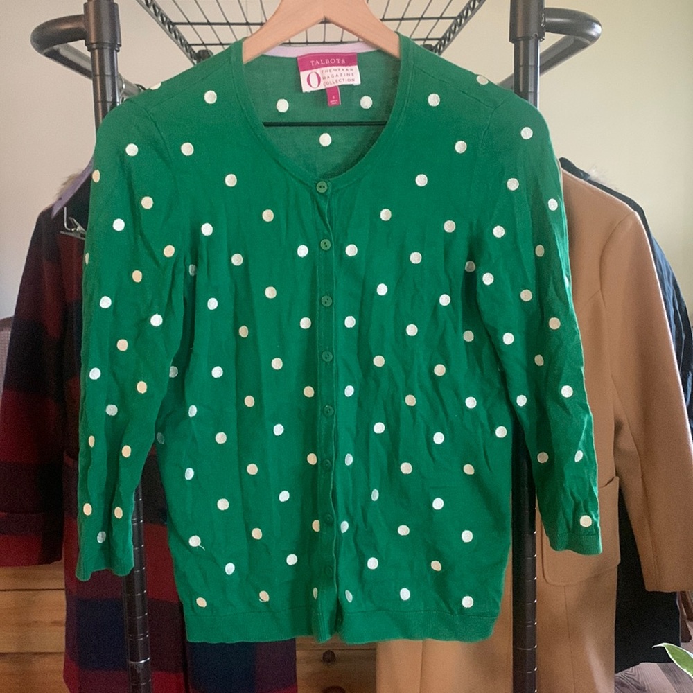Talbots green with white embroidered polka dots cardigan size small